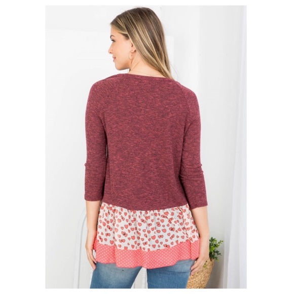 BURGUNDY KNIT AND PRINT RUFFLE TOP - Picture 3 of 9